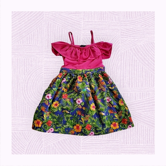 Big Girls Allover Tropical Print Dress, Dark Pink and Green - Picture 1 of 4